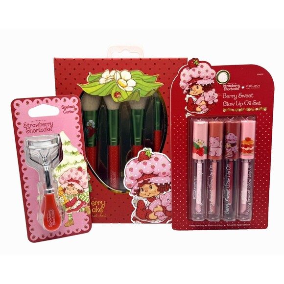 Strawberry Shortcake Makeup Brush & Lip Gloss Bundle Set | Cosmetic Gift Lot | - Picture 1 of 9